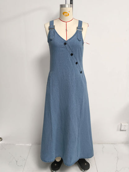 Vintage French Style Denim Pinafore Dress for Women - Elegant Loose Fit Beach Vacation Sundress