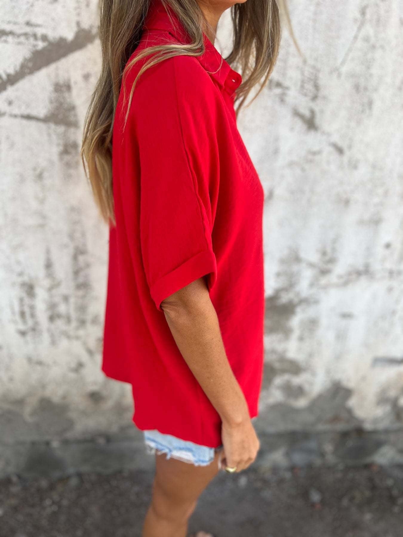 Casual V-Neck Button-Up Top | Breathable Summer Linen-Blend Shirt with Cuffed Sleeves