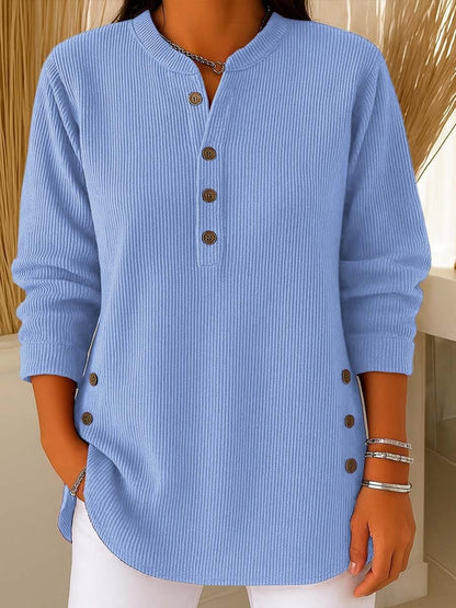 Chic Corduroy-Texture Knitted Blouse for Women - Loose Fit Side Button Tunic Jumper