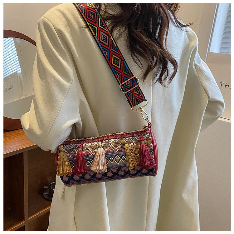 Bohemian Embroidered Cylinder Barrel Bag - Vintage Tribal Boston Shoulder Purse with Wide Strap & Tassels