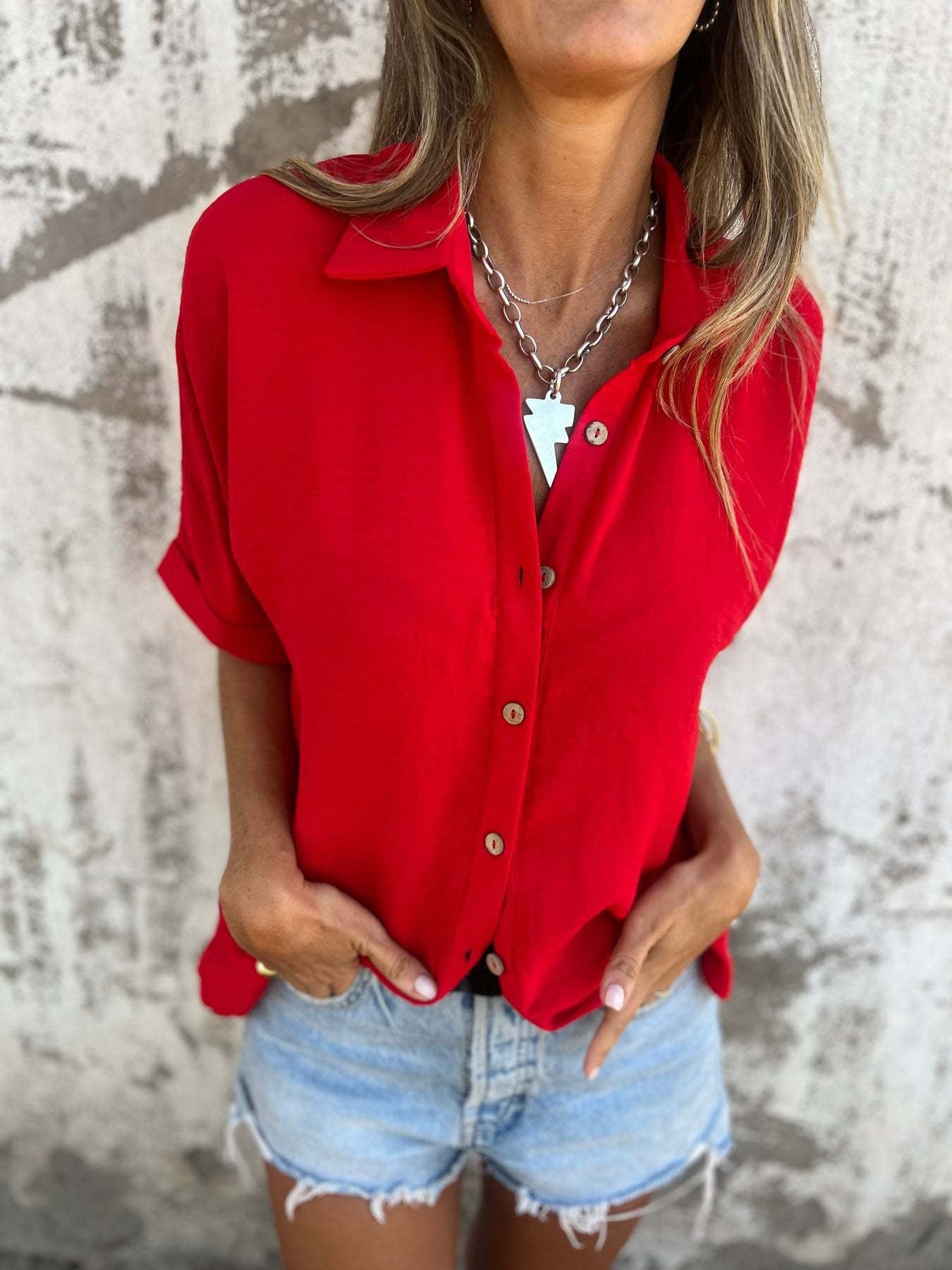 Casual V-Neck Button-Up Top | Breathable Summer Linen-Blend Shirt with Cuffed Sleeves