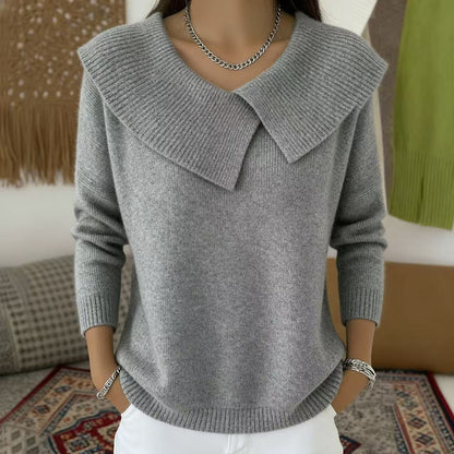 Women's Asymmetric Sailor Collar Sweater | Casual Solid Color Long Sleeve Knit Pullover