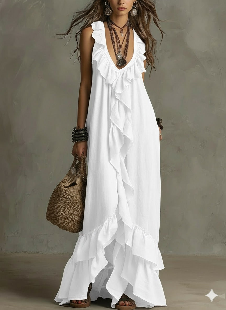 Women's Boho Ruffle Maxi Dress - V-Neck Sleeveless Flowy Beach Long Dress