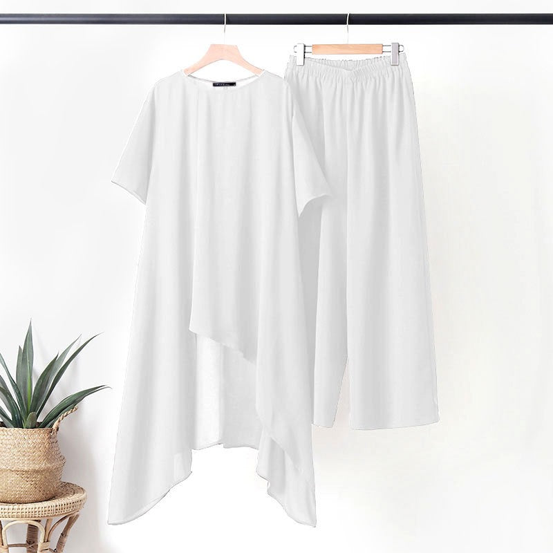 Vintage Linen Blend 2-Piece Set - Asymmetric Oversized Tunic Top & Wide Leg Pants Lounge Set Plus Size