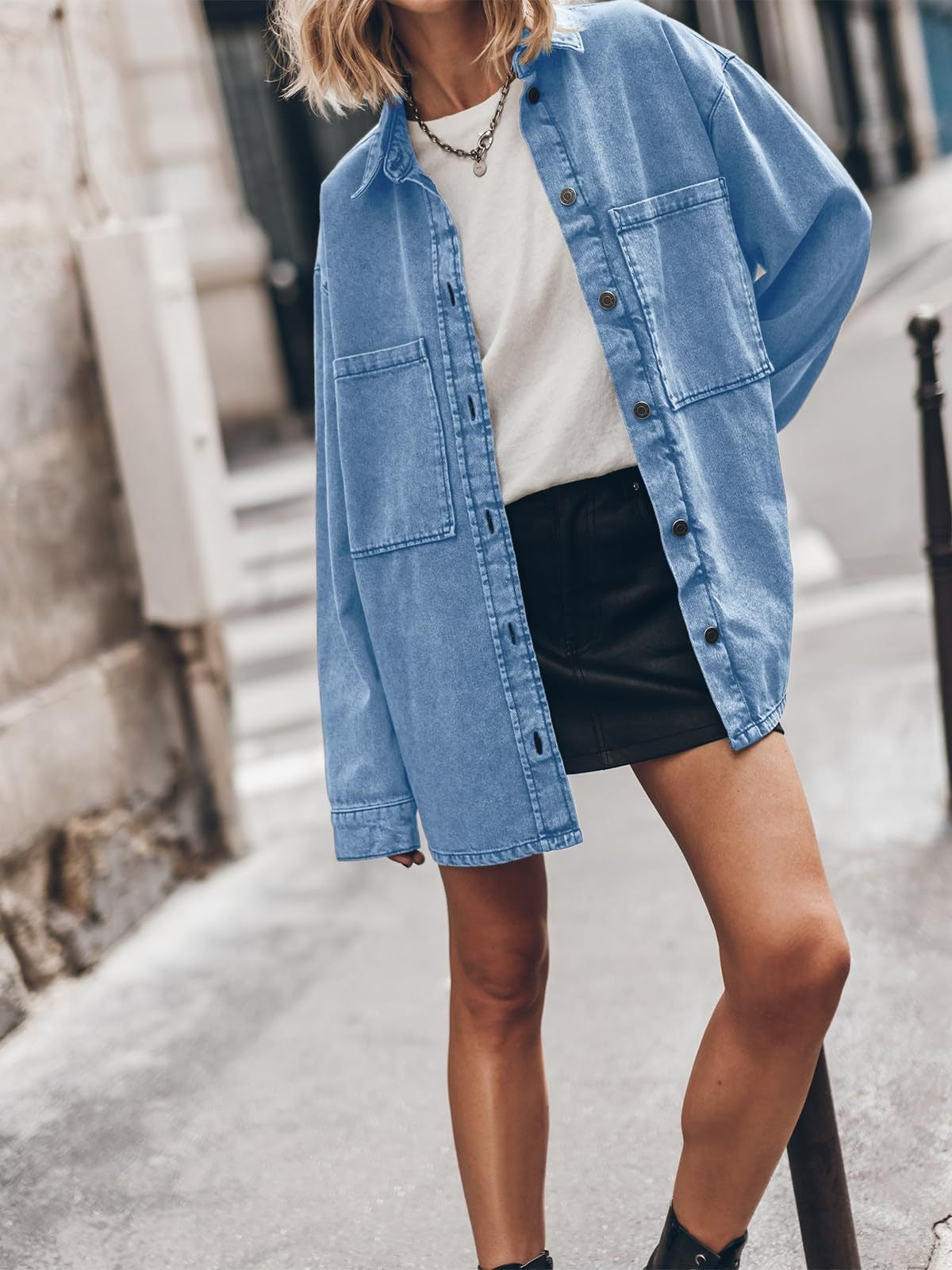Vintage Solid Blue Denim Shirt for Women - Slouchy Mid-Long Jacket with Large Pockets
