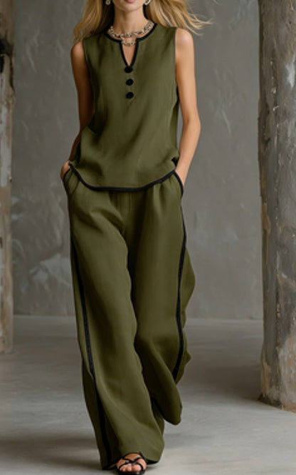 Chic Contrast Trim Knit Lounge Set - Sleeveless V-Neck Tank Top & High-Waist Wide Leg Pants 2-Piece Set