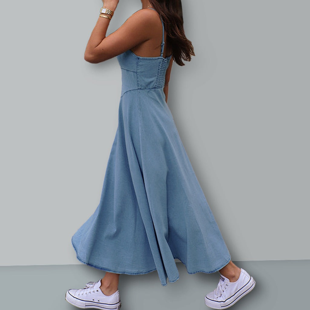 Vintage Washed Denim Camisole Dress for Women - Elegant Slender Fit A-Line Long Gown