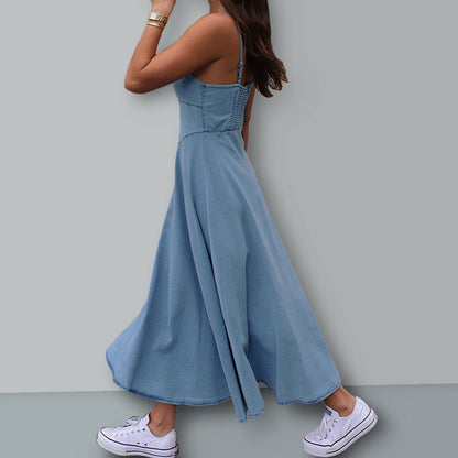 Vintage Washed Denim Camisole Dress for Women - Elegant Slender Fit A-Line Long Gown
