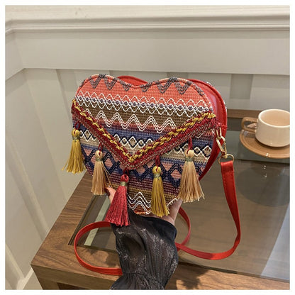 Bohemian Heart-Shaped Woven Crossbody Bag - Vintage Aztec Tribal Beach Purse with Tassels for Women