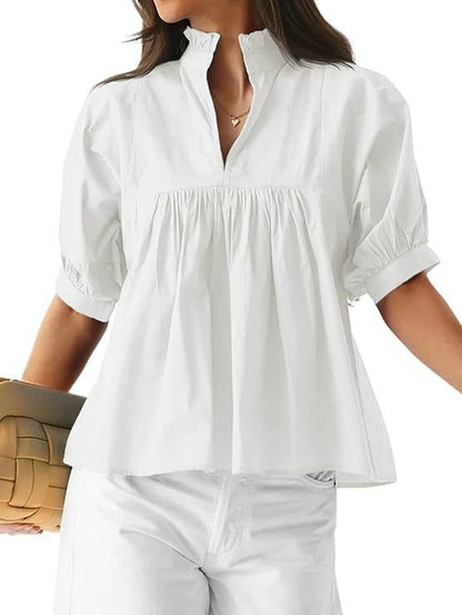 Women's shirt/T-shirt with mid-length sleeves and loose fit, V-neck