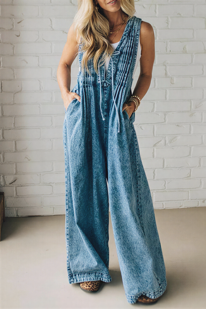 Vintage Washed Denim Wide Leg Romper for Women - Artsy V-Neck Pintuck Jumpsuit