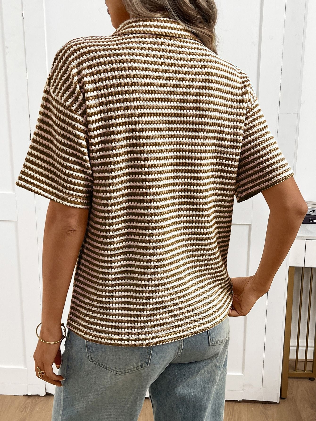 Striped Knit Polo Neck Short Sleeve Top | Casual Loose Fit V-Neck Pullover Breathable Sweater Blouse