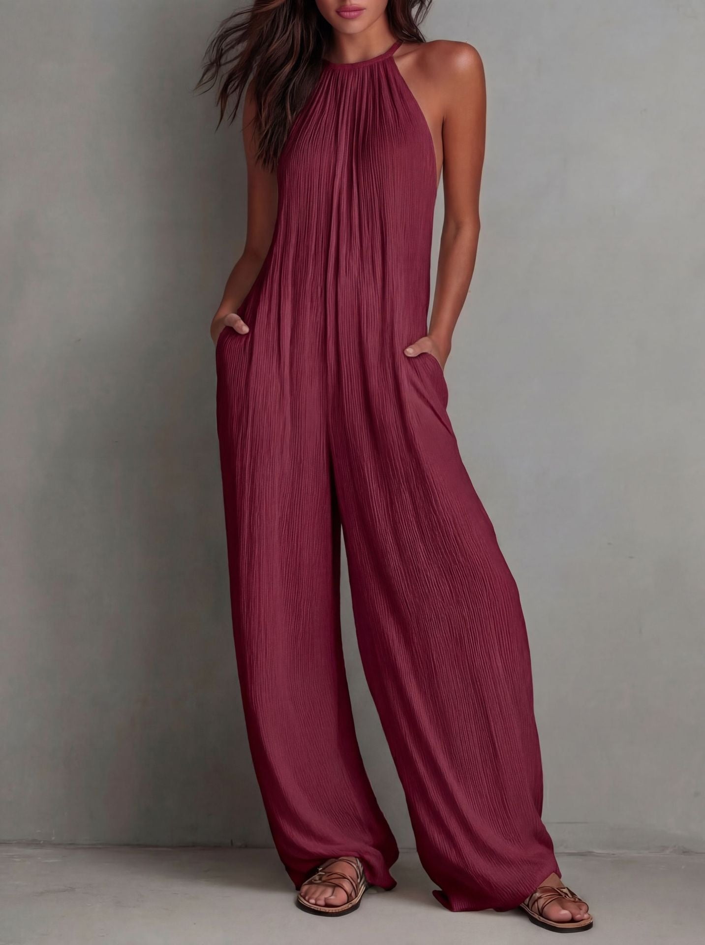 Combinaison bohème dos nu à col licou pour femme - Combi-pantalon plissée à jambes larges