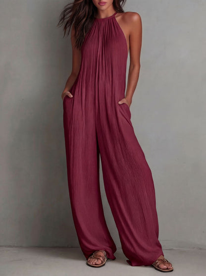 Combinaison bohème dos nu à col licou pour femme - Combi-pantalon plissée à jambes larges