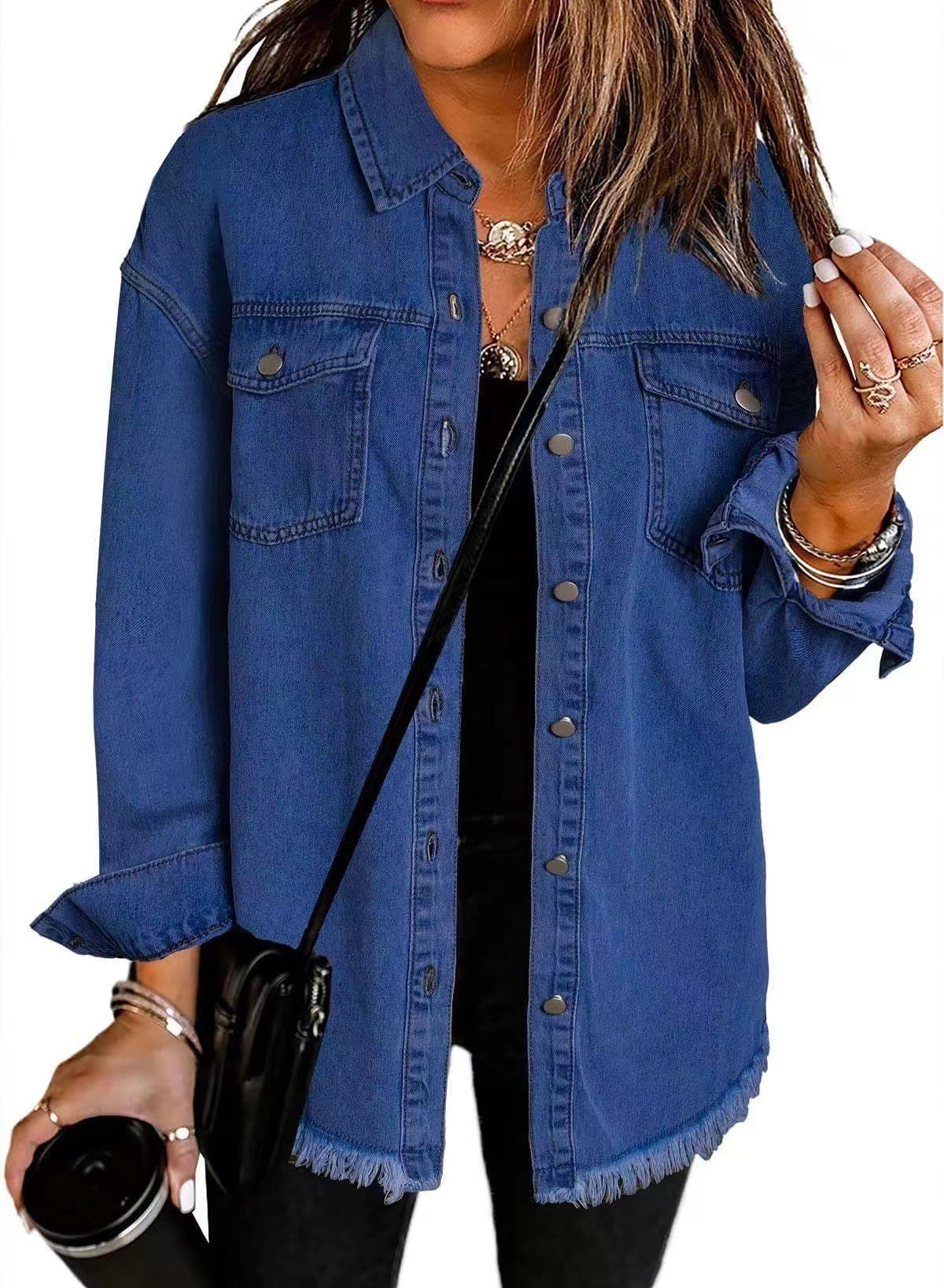 Women's Loose Casual Denim Shirt Jacket with Frayed Hem | Retro Washed Button Up Cotton Jean jacket