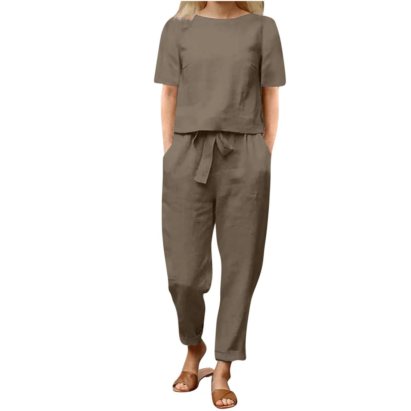 Ensemble assorti d'été minimaliste beige pour femme – Tunique chic en coton et lin et pantalon sarouel ceinturé, tenue 2 pièces légère pour le quotidien