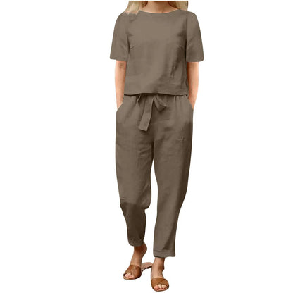 Ensemble assorti d'été minimaliste beige pour femme – Tunique chic en coton et lin et pantalon sarouel ceinturé, tenue 2 pièces légère pour le quotidien