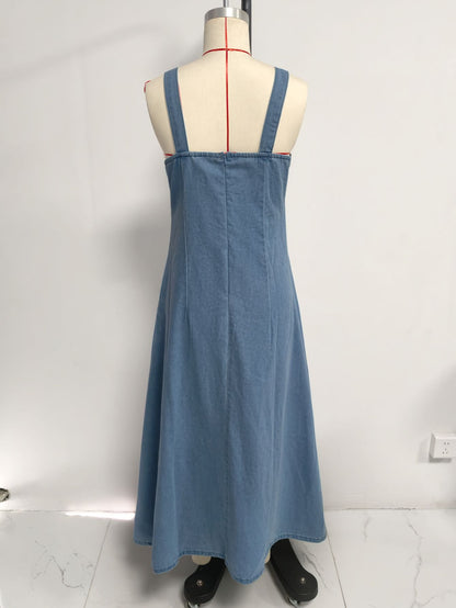 Vintage French Style Denim Pinafore Dress for Women - Elegant Loose Fit Beach Vacation Sundress