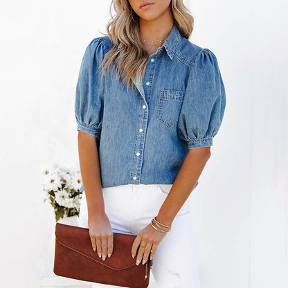 Women’s Puff Sleeve Short Sleeve Denim Button-Up Shirt with Turn-Down Collar