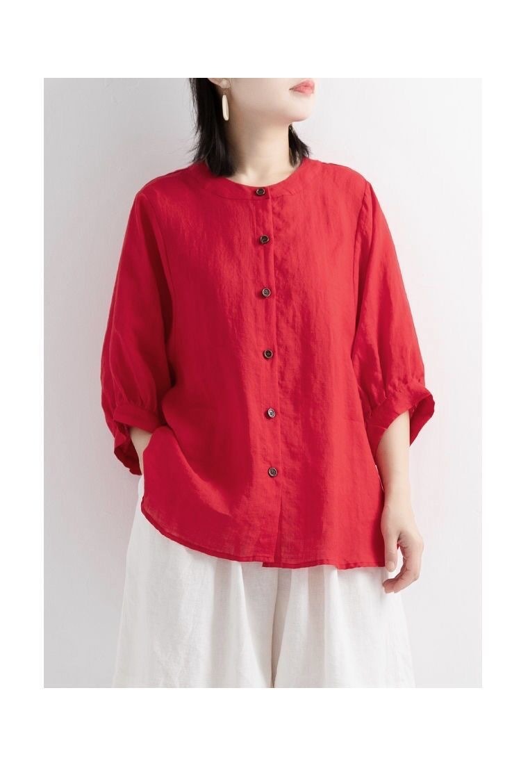 Vintage Linen Blend Button-Down Blouse - Relaxed Fit Lantern Sleeve Casual Shirt Plus Size