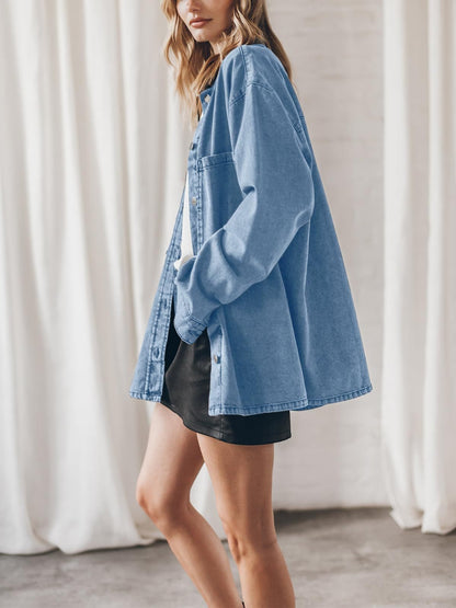 Vintage Solid Blue Denim Shirt for Women - Slouchy Mid-Long Jacket with Large Pockets