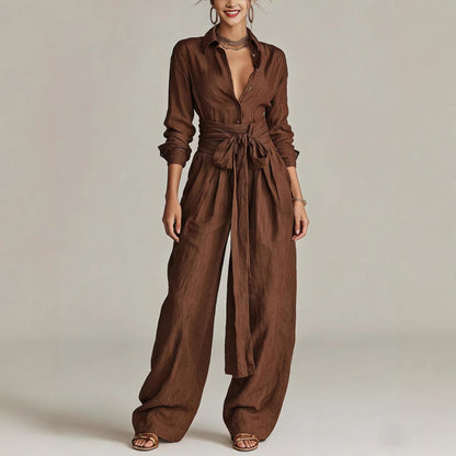 Women's Linen-Look 2-Piece Resort Set | Casual Button Shirt & Wide Leg Pants Suit