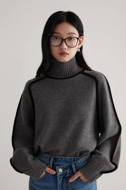 Elegant Raglan Sleeve Mock Neck Sweater - Contrast Piping Ribbed Knit Base Layer Top