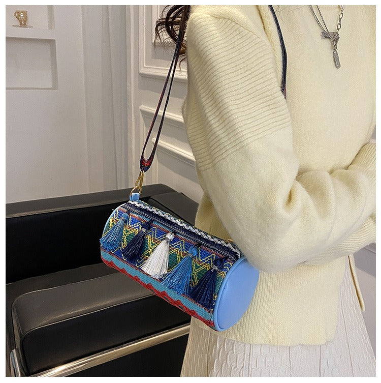 Bohemian Embroidered Cylinder Barrel Bag - Vintage Tribal Boston Shoulder Purse with Wide Strap & Tassels