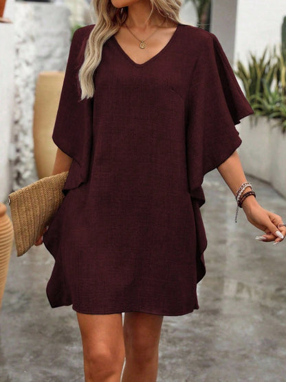 Solid V-Neck Loose Ruffle Dress | Flowy Batwing Sleeve Casual Summer Linen-Look Tunic Mini Dress