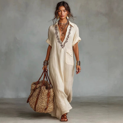 Boho Embroidered-Look Long Dress for Women - Elegant Split Neck Resort Vacation Kaftan