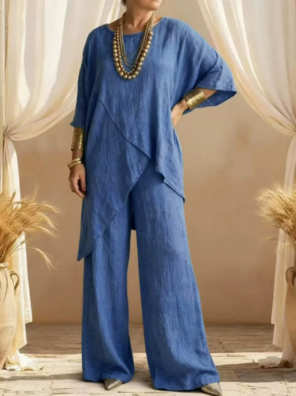 Ensemble deux pièces asymétrique en lin pour femmes – Tunique superposée oversize et pantalon large, ensemble décontracté d'été style bohème