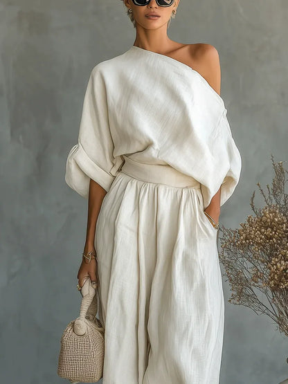 Ensemble deux pièces de villégiature en lin et coton PromiseGift | Blouse Bardot & Pantalon fuselé oversize