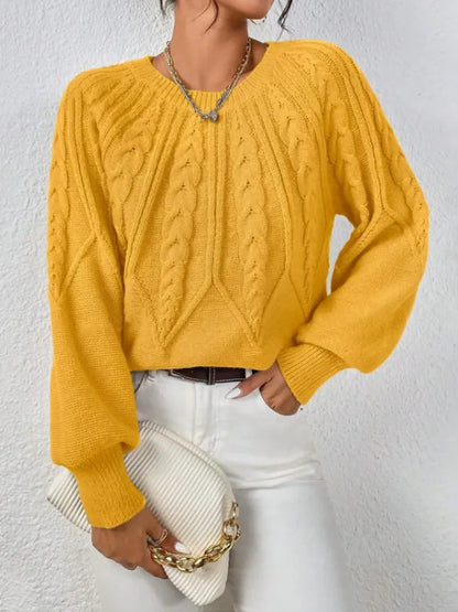 Women's Cable Knit Pullover Sweater | Casual Round Neck Long Sleeve Ribbed Jumper Top