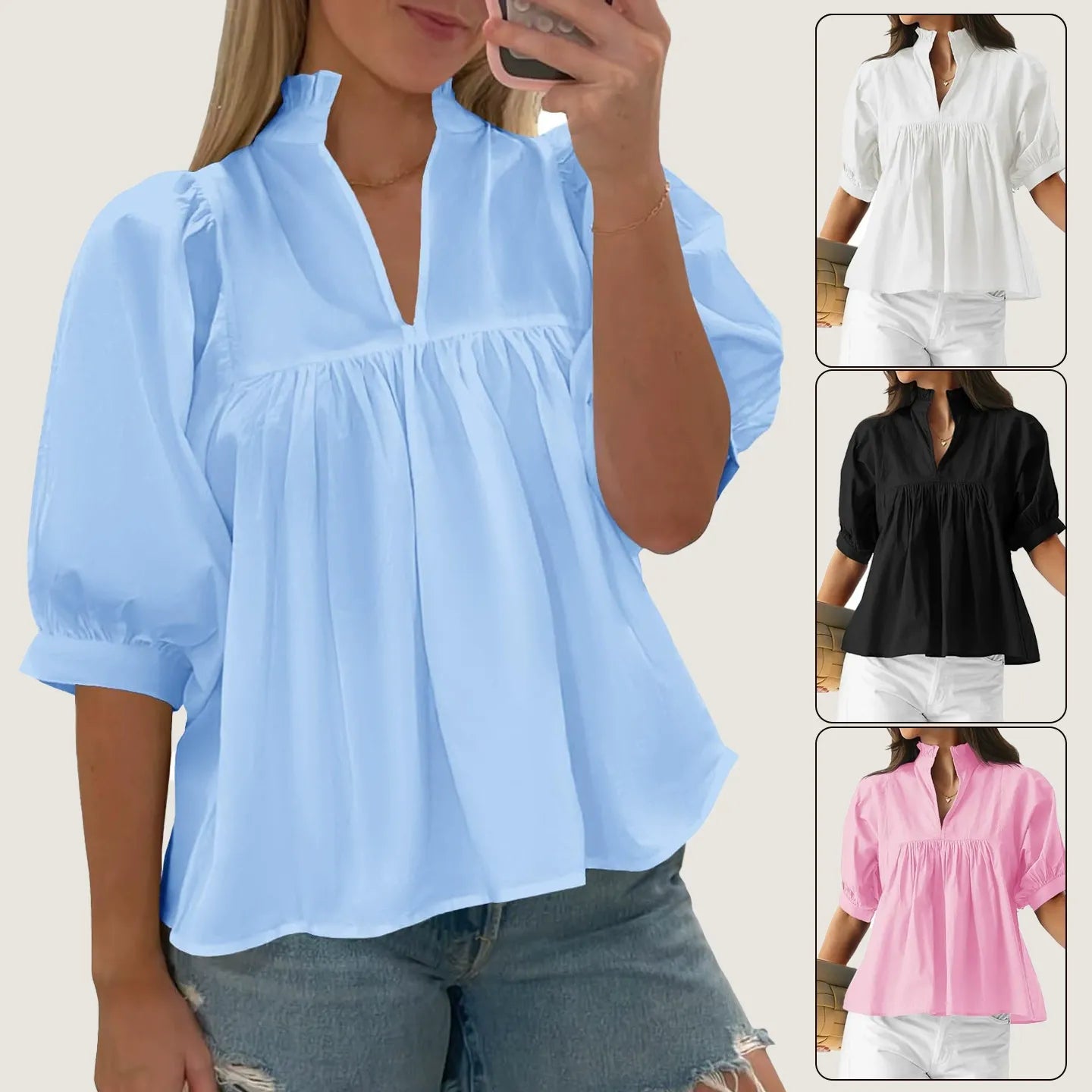 Women's shirt/T-shirt with mid-length sleeves and loose fit, V-neck