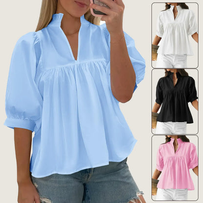 Women's shirt/T-shirt with mid-length sleeves and loose fit, V-neck
