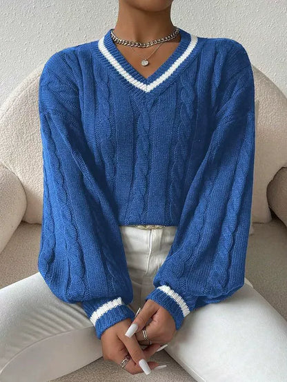 Women's Cable Knit V-Neck Sweater | Casual Contrast Stripe Preppy Jumper Top