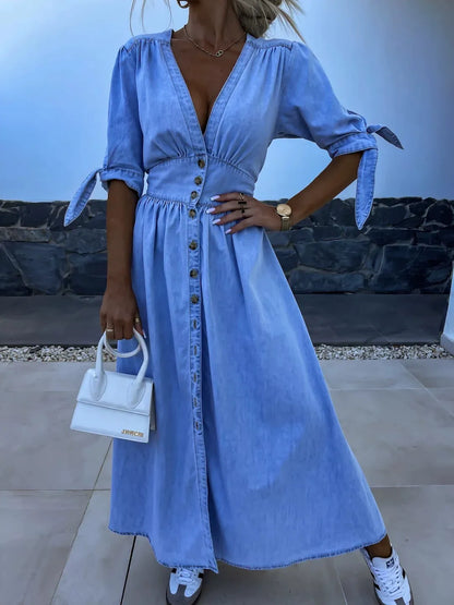 Women's Plunging V-Neck Denim Midi Dress | Casual Puff Sleeve Button Down Long Gown