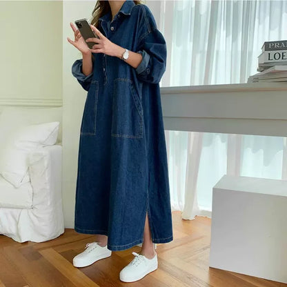 Women's Oversized Denim Shirt Dress | Casual Long Sleeve Washed Jean Side Split Maxi Gown