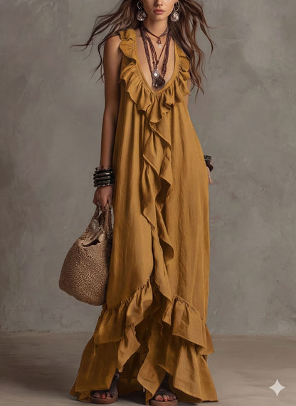 Women's Boho Ruffle Maxi Dress - V-Neck Sleeveless Flowy Beach Long Dress