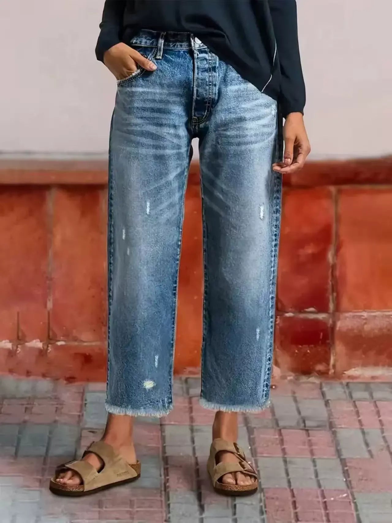 Vintage Washed Distressed Crop Jeans for Women - Loose Fit Raw Edge Trousers