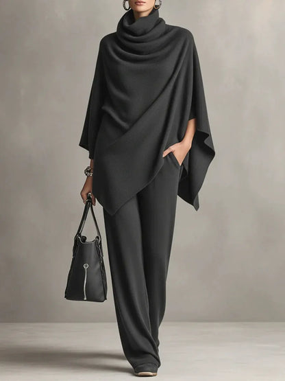 Elegant Cowl Neck Poncho & Wide-Leg Pants 2-Piece Knit Set