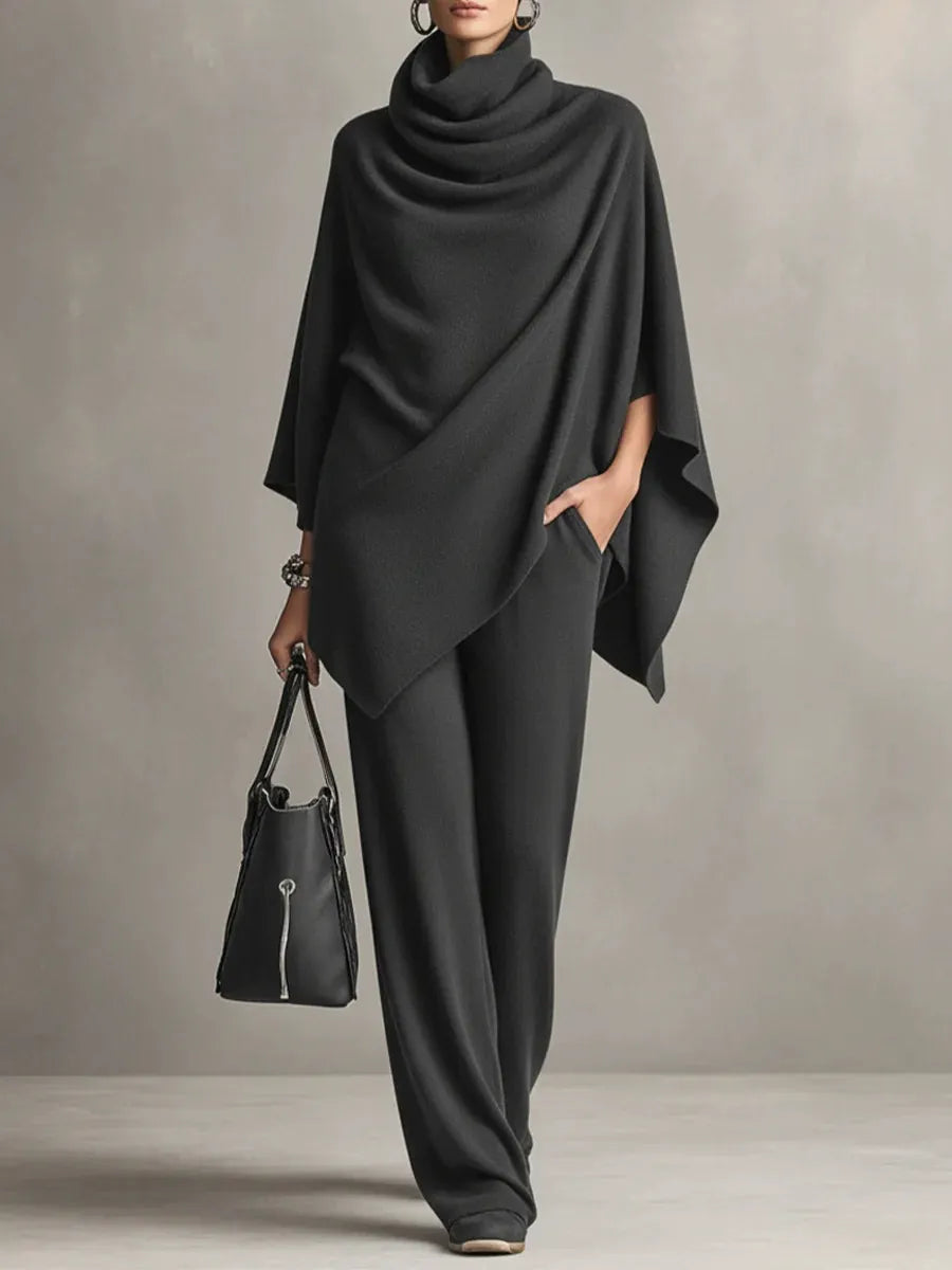 Elegant Cowl Neck Poncho & Wide-Leg Pants 2-Piece Knit Set
