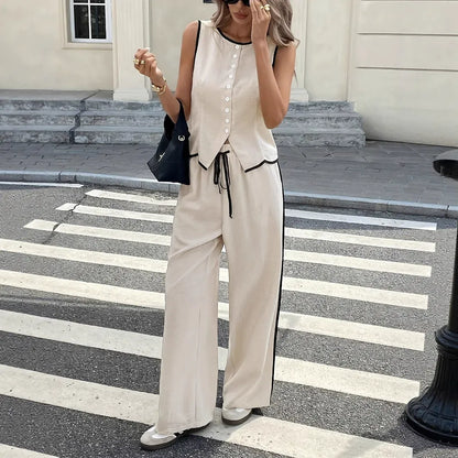 Riviera Contrast Piping Set | Tailored Button-Up Vest & Wide-Leg Pants