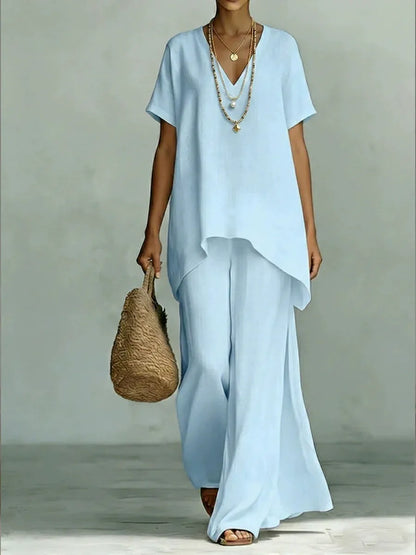 Ensemble d'été minimaliste bleu ciel pour femmes – Tunique chic à ourlet irrégulier et pantalon palazzo fluide, tenue de villégiature légère 2 pièces