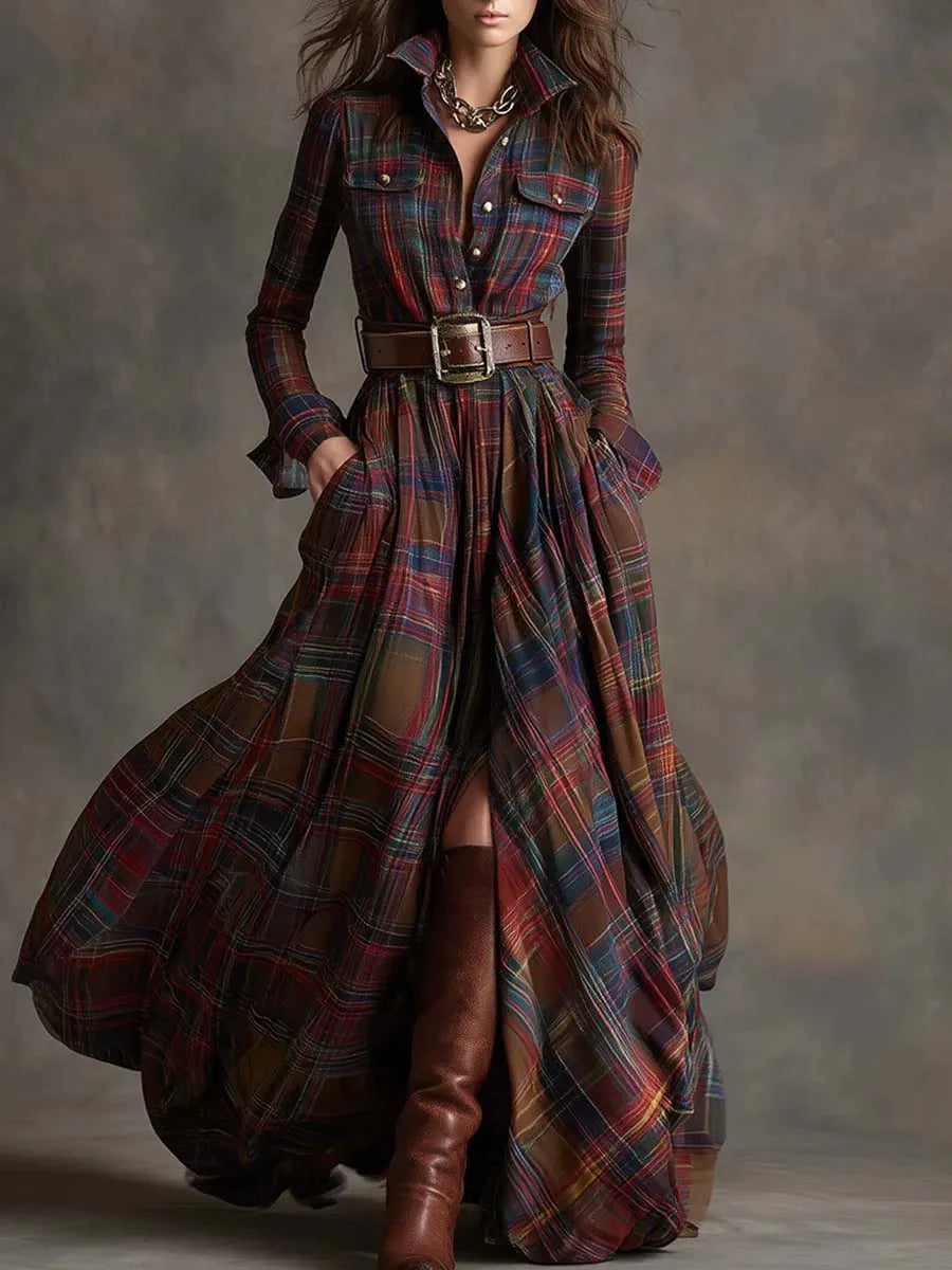 Women's Plaid Long Sleeve Maxi Dress - Vintage Tartan Check Shirt Dress with Pockets