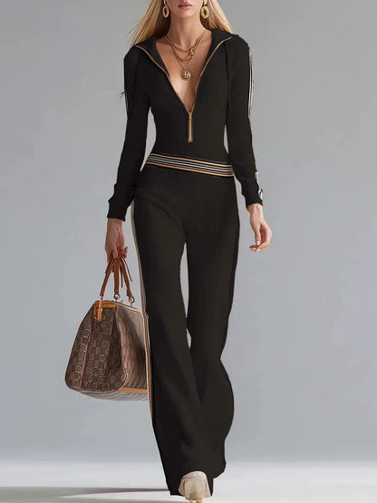 Retro Sporty Vacation Hooded Zipper V-neck Off-white Knitted Jumpsuit