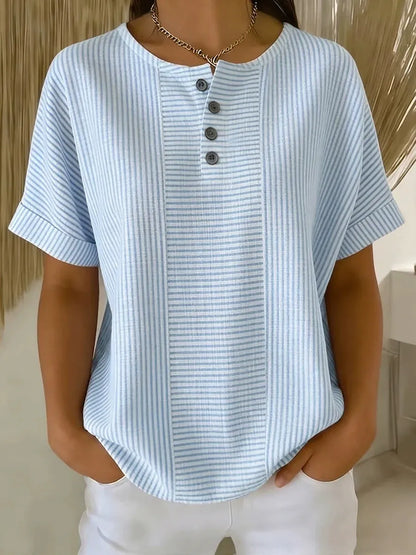 Casual Vertical Stripe Short Sleeve Shirt | Breathable Half-Button Summer Blouse