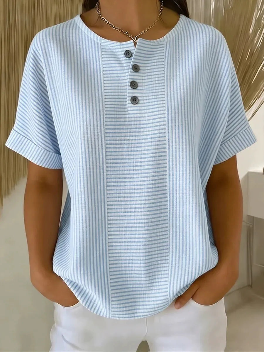 Casual Vertical Stripe Short Sleeve Shirt | Breathable Half-Button Summer Blouse