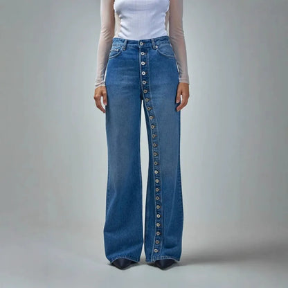 Women's High Street High Waisted Straight Leg Denim Jeans | Vintage Washed Full Button Fly Trendy Pants