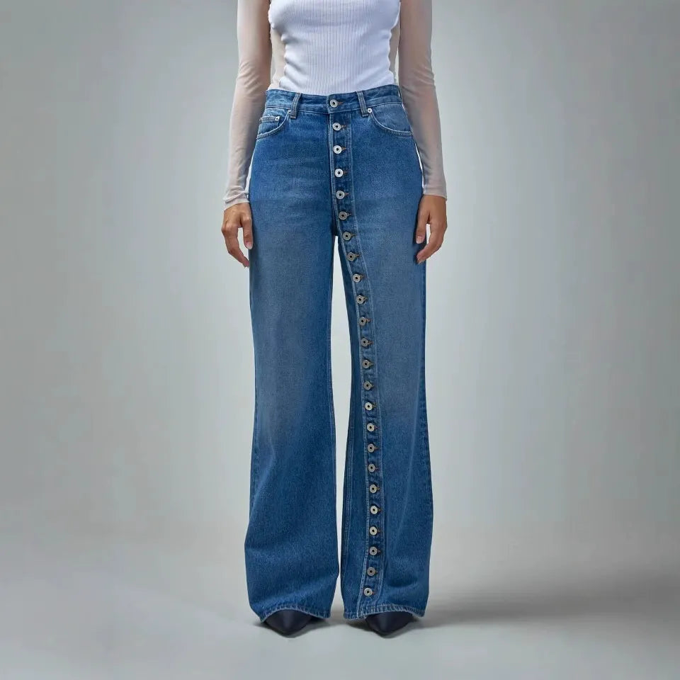 Women's High Street High Waisted Straight Leg Denim Jeans | Vintage Washed Full Button Fly Trendy Pants